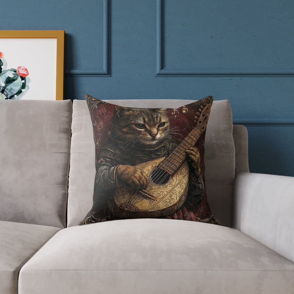 Medieval Cat Lute Player Pillow - Gothic Manuscript Art Decor