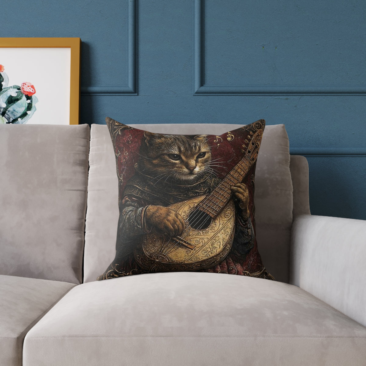 Medieval Cat Lute Player Pillow - Gothic Manuscript Art Decor