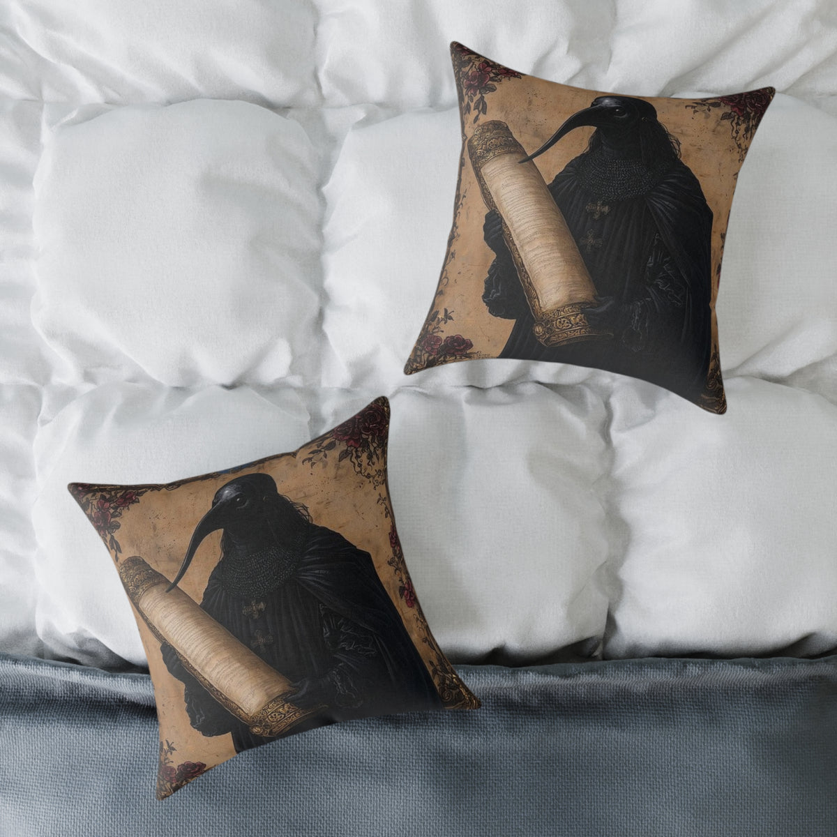 Medieval Plague Doctor Pillow - Gothic Manuscript Art Decor