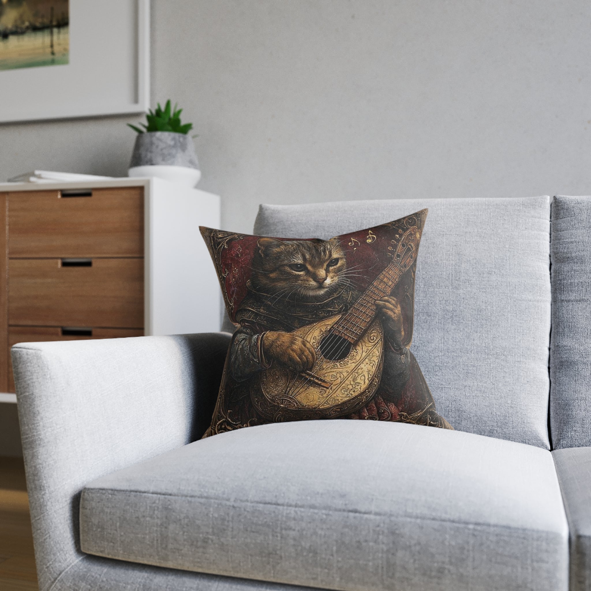 Medieval Manuscript Cat Lute Throw Pillow — Castle Culture by Canvas & Click (view 8)