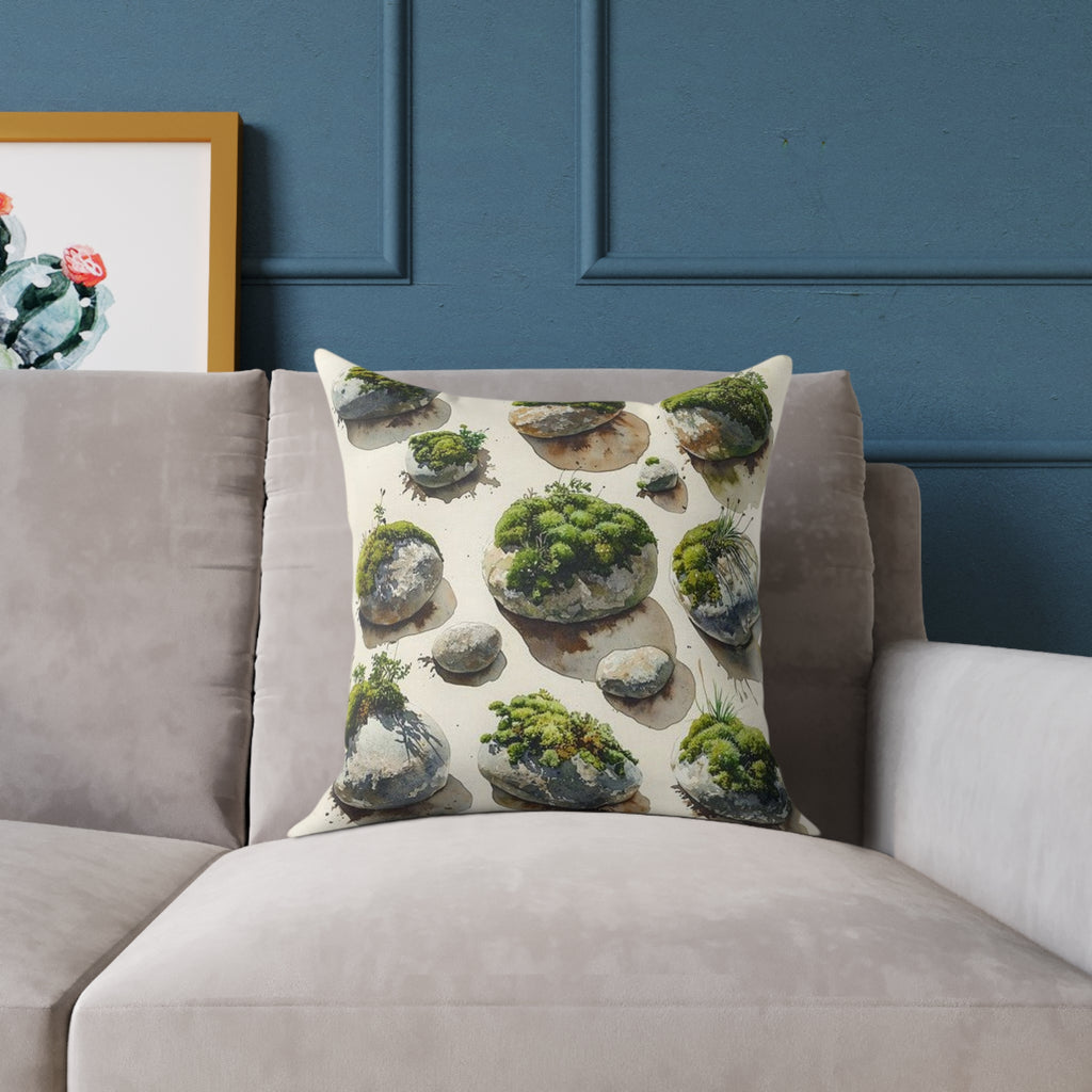 Moss River Stones Watercolor Botanical Art Throw Pillow