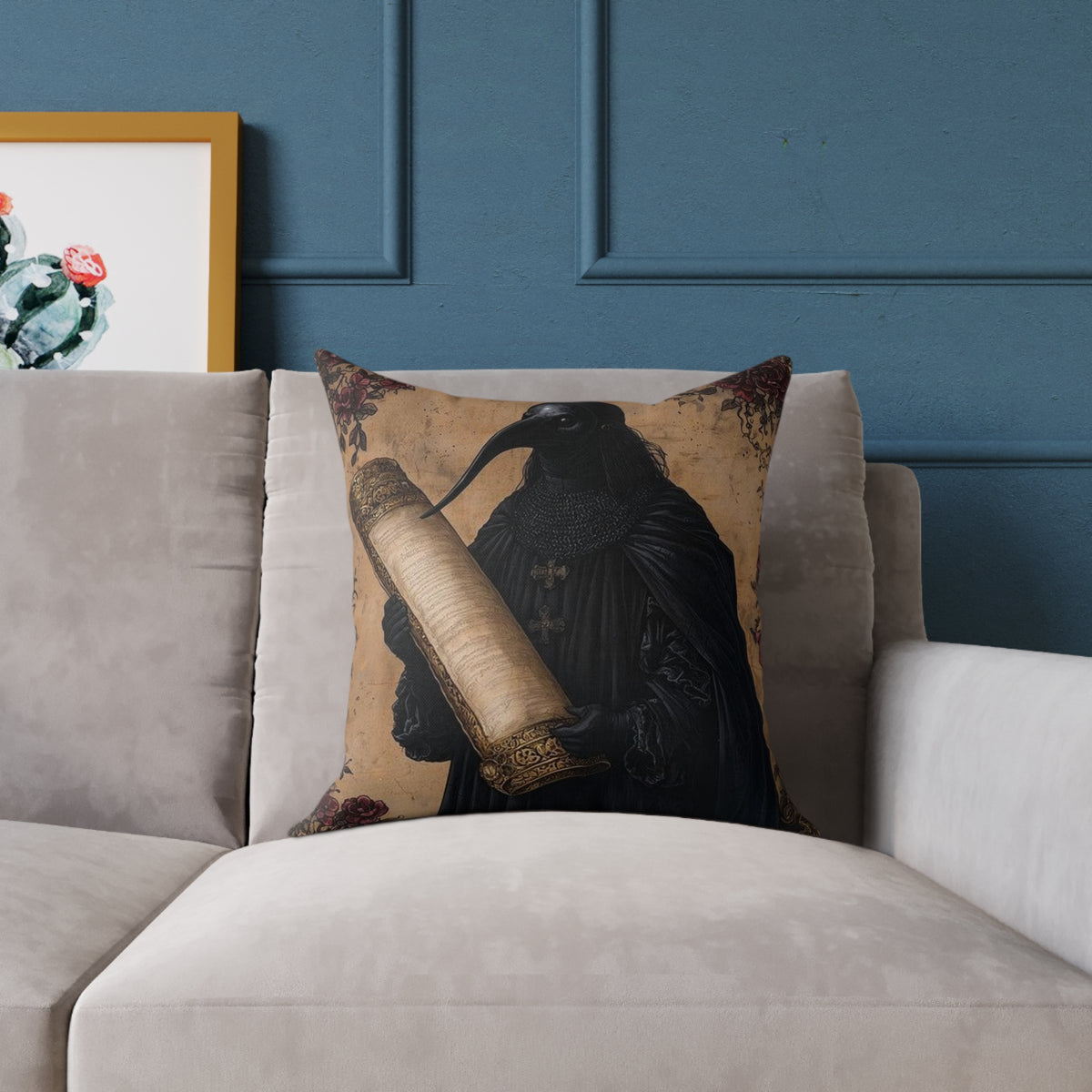 Medieval Plague Doctor Pillow - Gothic Manuscript Art Decor
