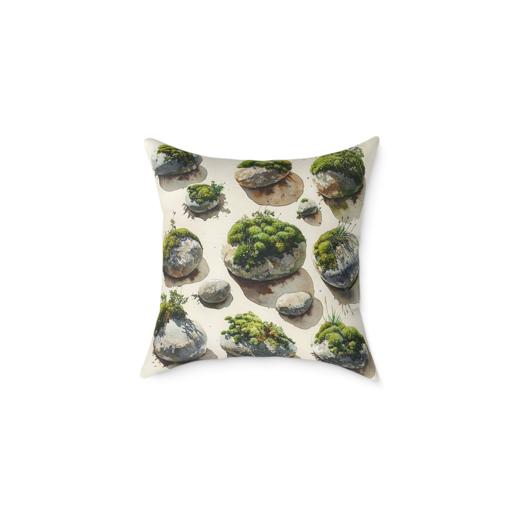 Moss River Stones Watercolor Botanical Art Throw Pillow