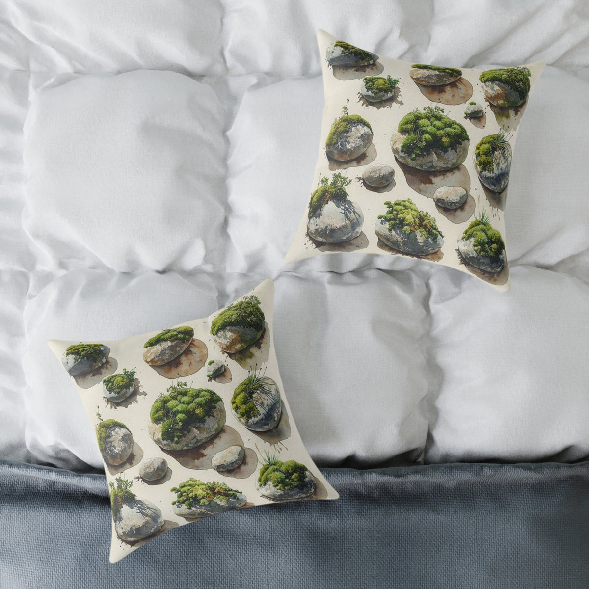 Moss River Stones Watercolor Botanical Art Throw Pillow