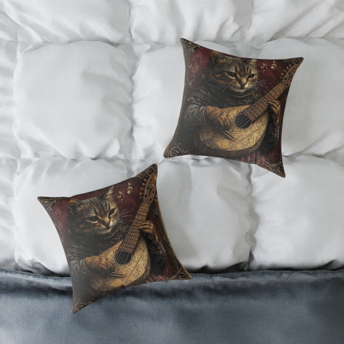 Medieval Cat Lute Player Pillow - Gothic Manuscript Art Decor