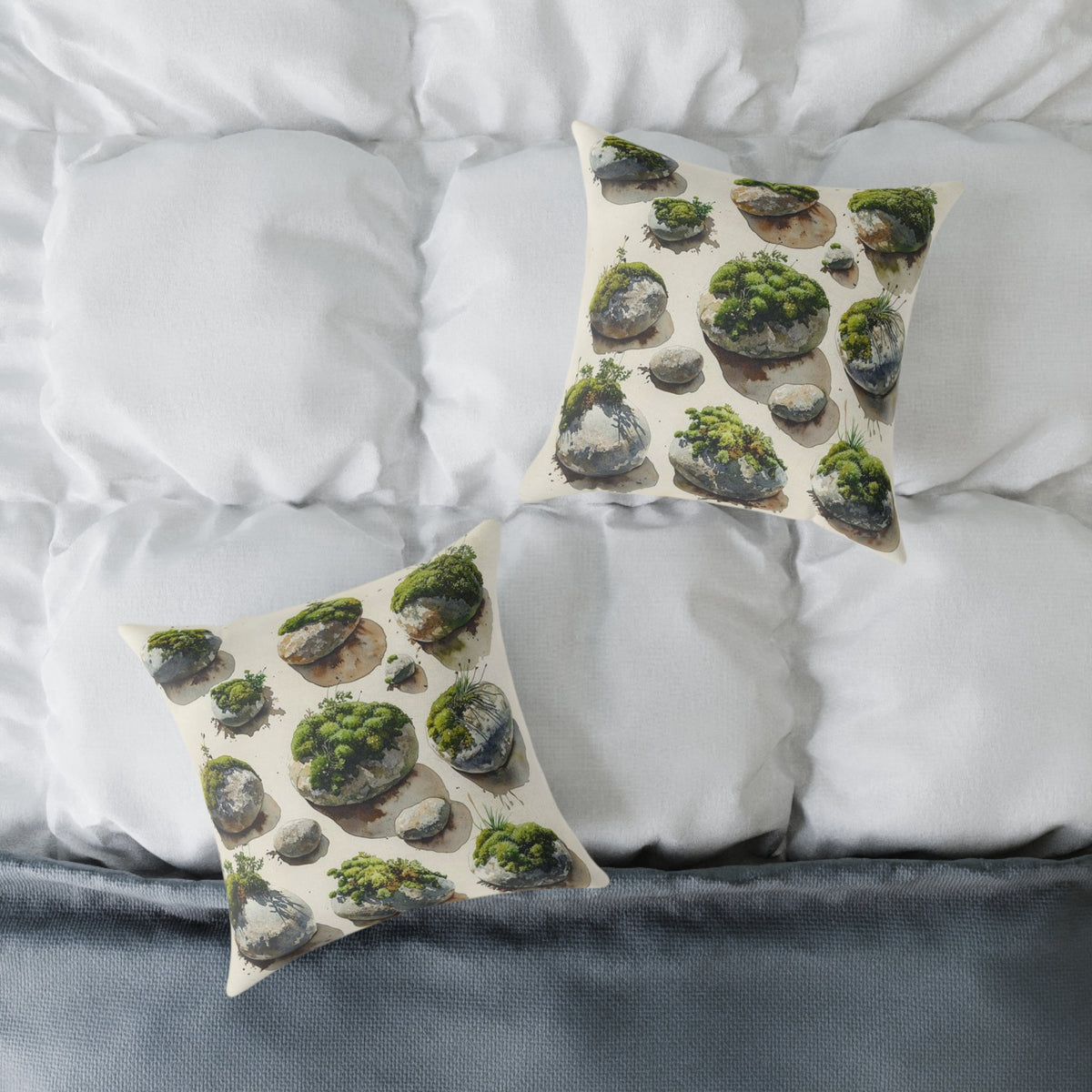 Moss River Stones Watercolor Botanical Art Throw Pillow