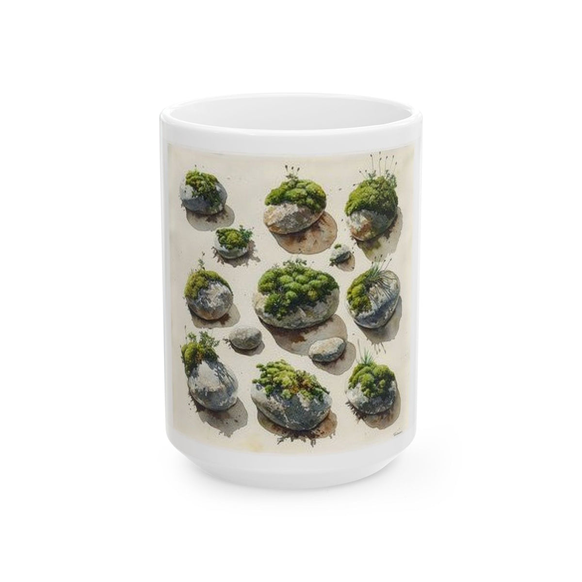 Moss River Stones Watercolor Mug - Botanical Nature Art Coffee Cup