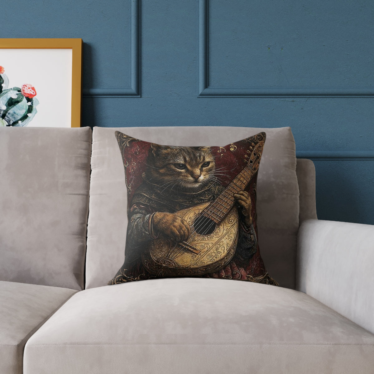 Medieval Cat Lute Player Pillow - Gothic Manuscript Art Decor