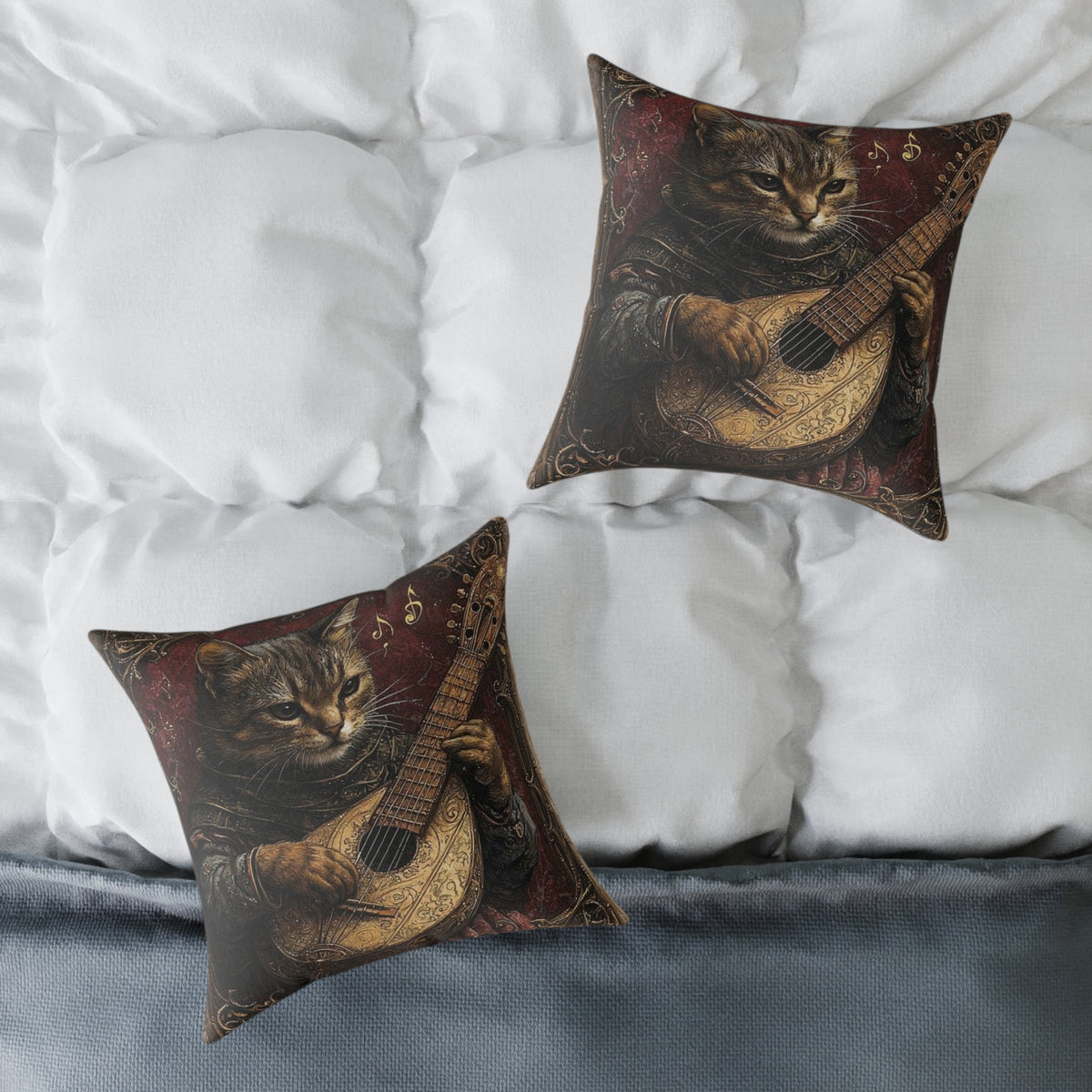 Medieval Cat Lute Player Pillow - Gothic Manuscript Art Decor