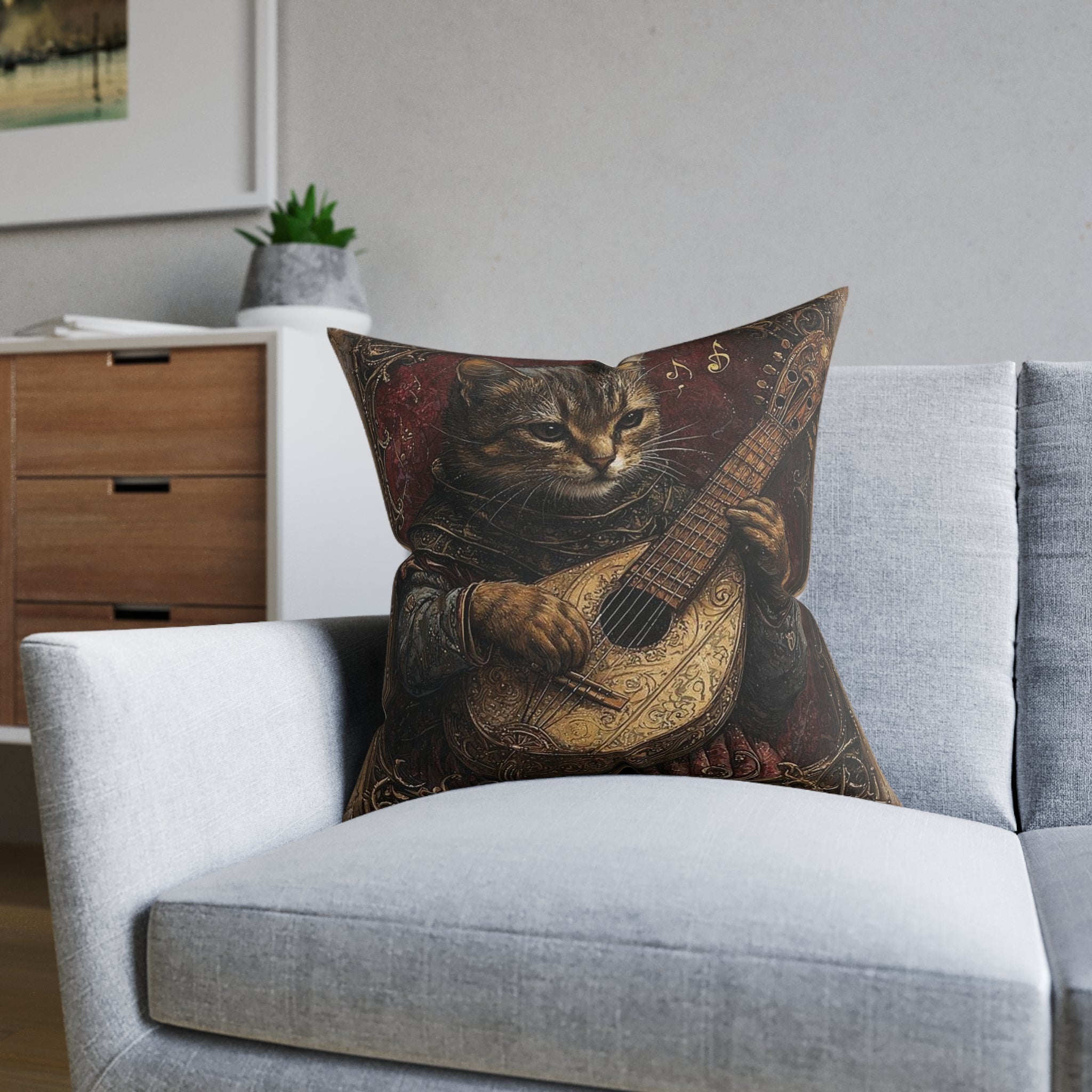 Medieval Manuscript Cat Lute Throw Pillow — Castle Culture by Canvas & Click (view 5)