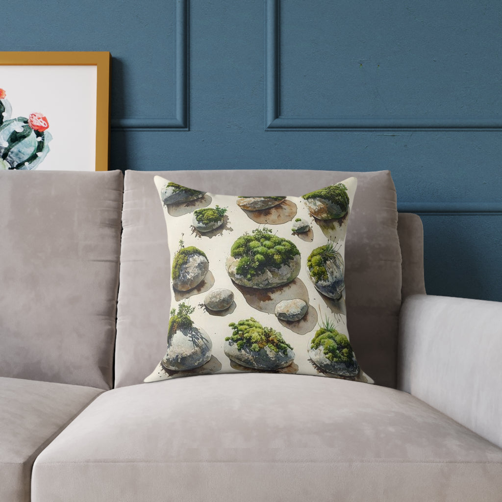 Moss River Stones Watercolor Botanical Art Throw Pillow