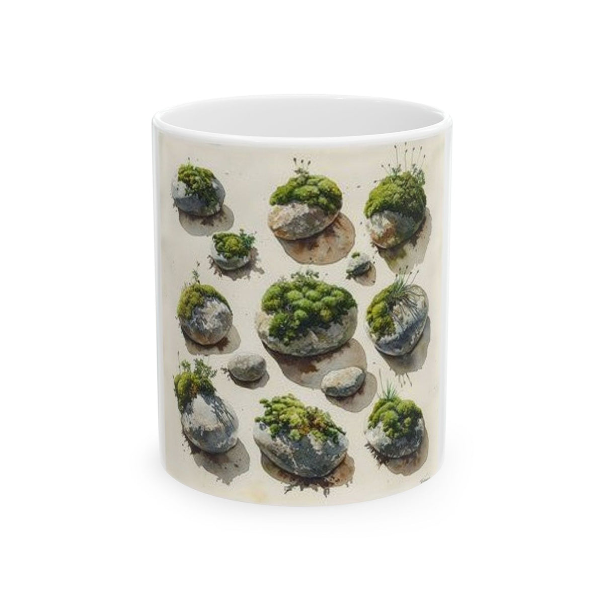 Moss River Stones Watercolor Mug - Botanical Nature Art Coffee Cup